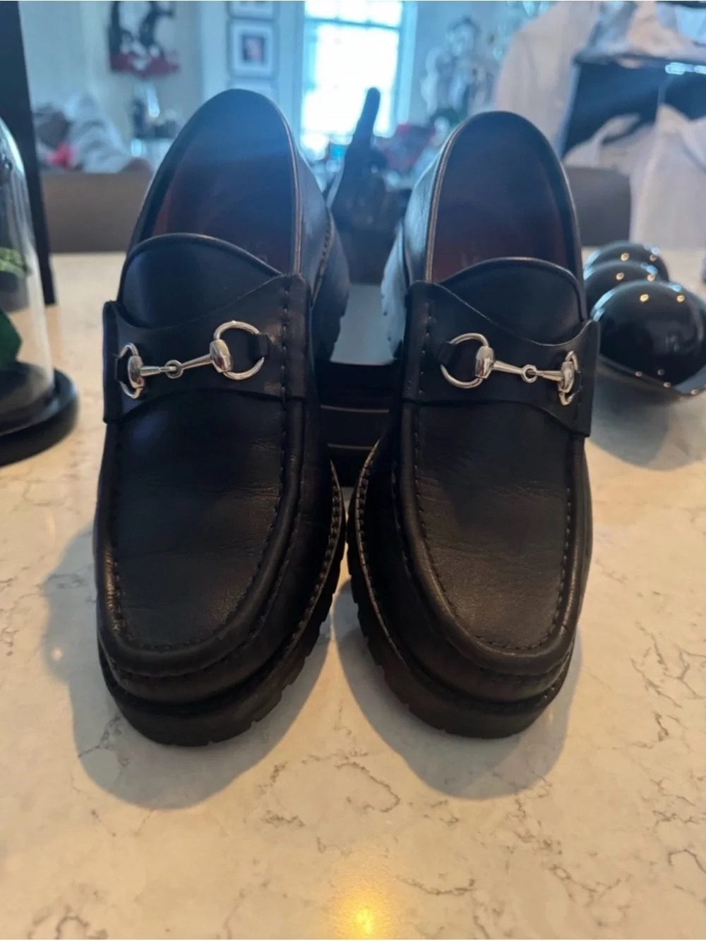 Gucci Women’s Black Leather Horsebit Lug Soled Loafers